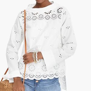 J.Crew White Cotton Eyelet Hi-Lo Funnel Boat Neck Long Sleeve Blouse 12